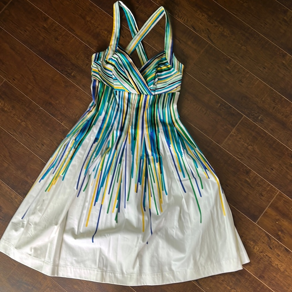 Calvin Klein dress off white with blue green and yellow stripes